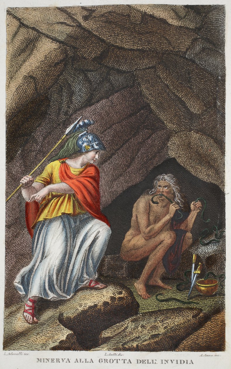 Minerva visita la Envidia, ilustración de las Metamorfosis de Ovidio, Florencia, 1832 de Luigi Ademollo