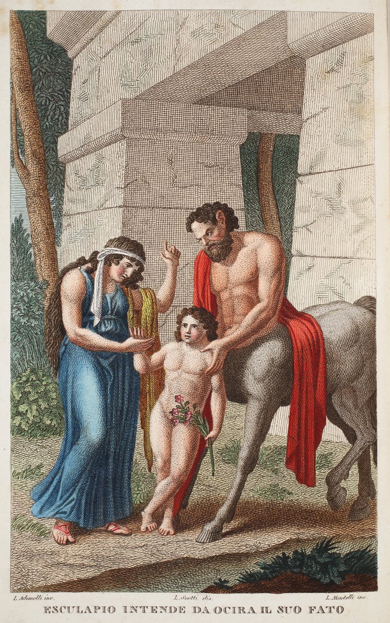 Ocyrrhoe en una yegua o Esculapio intende da Ocira il Suo Fato, ilustración de Las metamorfosis de Ovidio, Florencia, 1832 de Luigi Ademollo