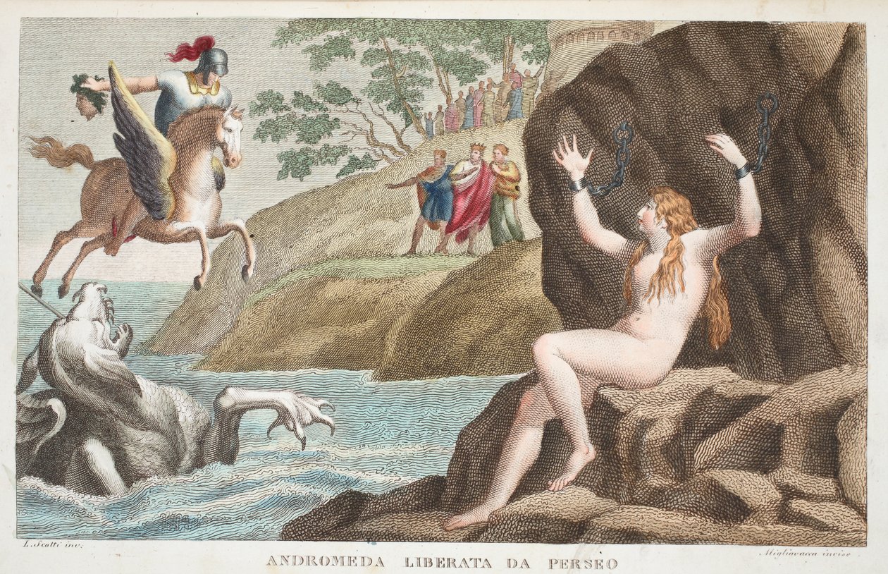 Perseo y Andrómeda o Andrómeda Liberata da Perseo, Libro IV, ilustración de las Metamorfosis de Ovidio, Florencia, 1832 de Luigi Ademollo