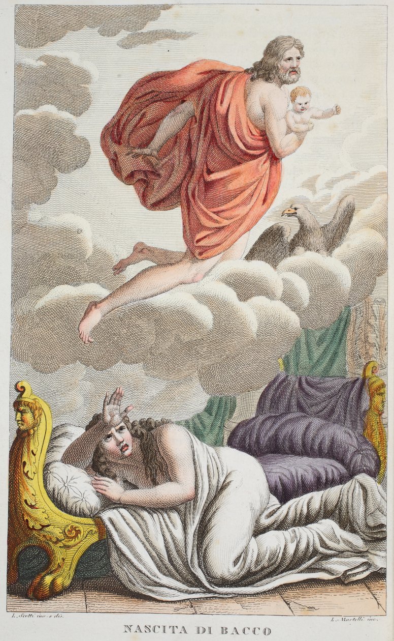 Semele es fulminada o Nascita de Bacco, ilustración de las Metamorfosis de Ovidio, Florencia, 1832 de Luigi Ademollo