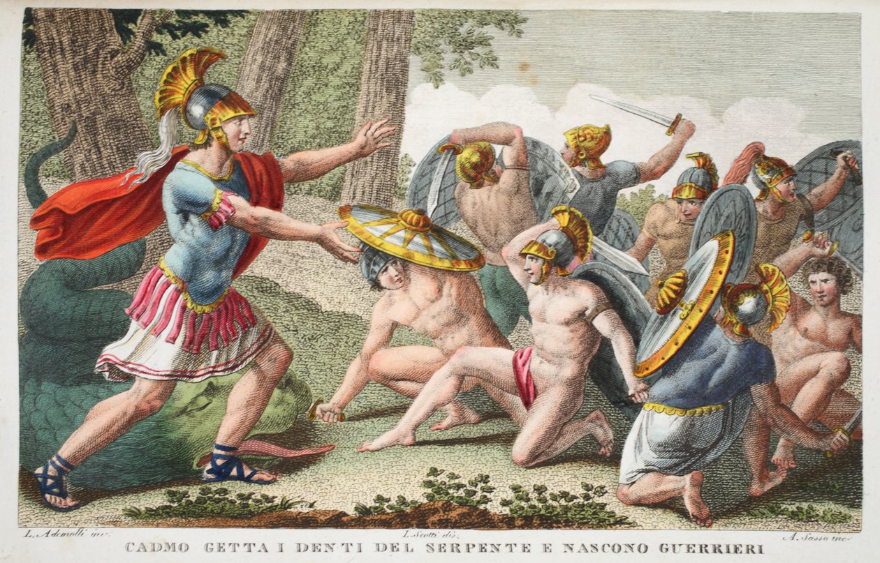 Soldados surgen de los dientes de la serpiente o Cadmo arroja los dientes de la serpiente y nacen guerreros, ilustración de las Metamorfosis de Ovidio, Florencia, 1832 de Luigi Ademollo