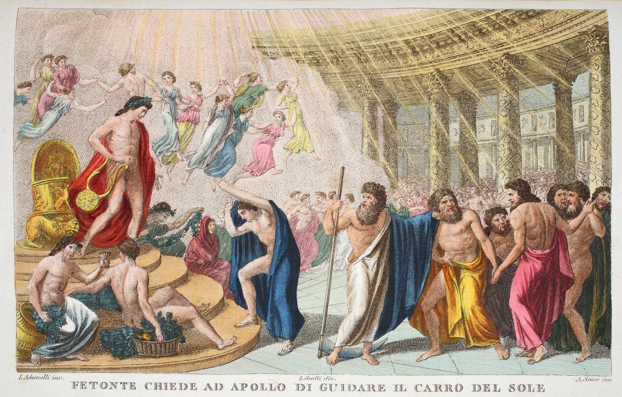 El Palacio del Sol o Fetonte pide a Apolo guiar el carro del Sol, Libro II, ilustración de las Metamorfosis de Ovidio, Florencia, 1832 de Luigi Ademollo
