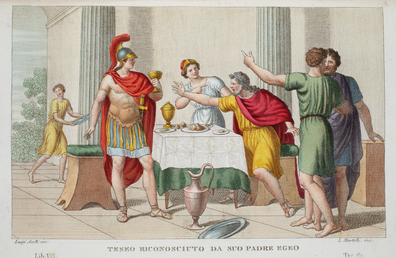 Teseo reconocido por su padre Egeo, Libro VII, ilustración de las Metamorfosis de Ovidio, Florencia, 1832 de Luigi Ademollo