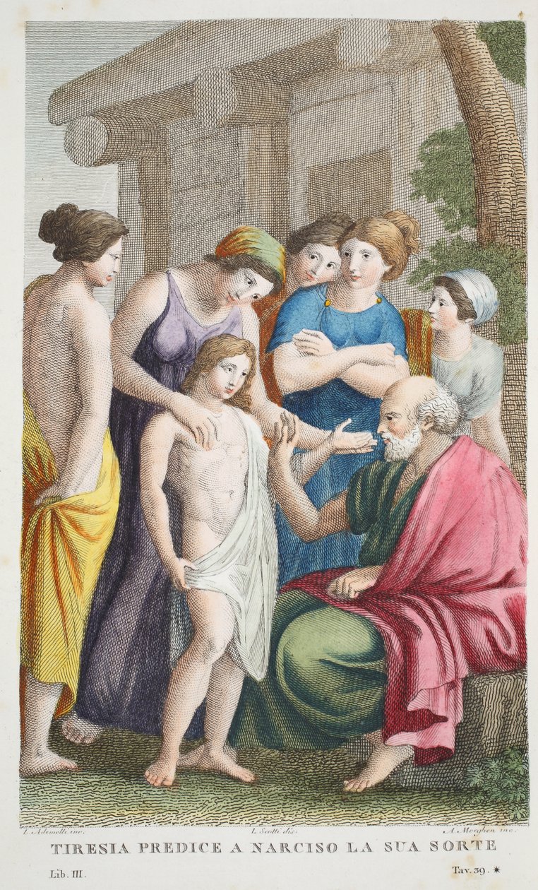 Tiresias profetiza o Tirenia predice a Narciso su suerte, Libro III, ilustración de las Metamorfosis de Ovidio, Florencia, 1832 de Luigi Ademollo
