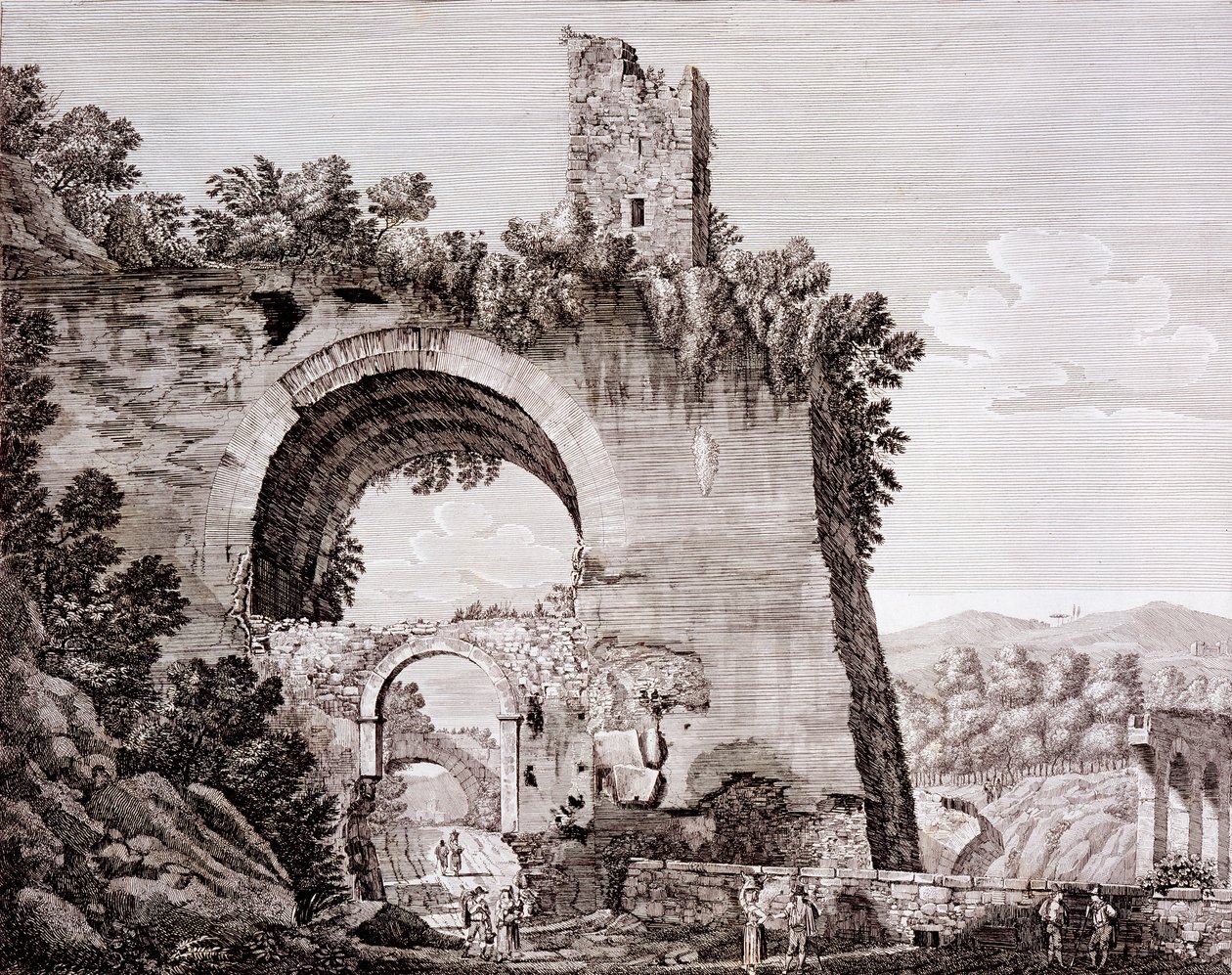 Restos del acueducto construido por Claudio, que traía agua a la antigua Roma desde el Anio, cerca de Tívoli, c.1824-26 de Luigi Rossini