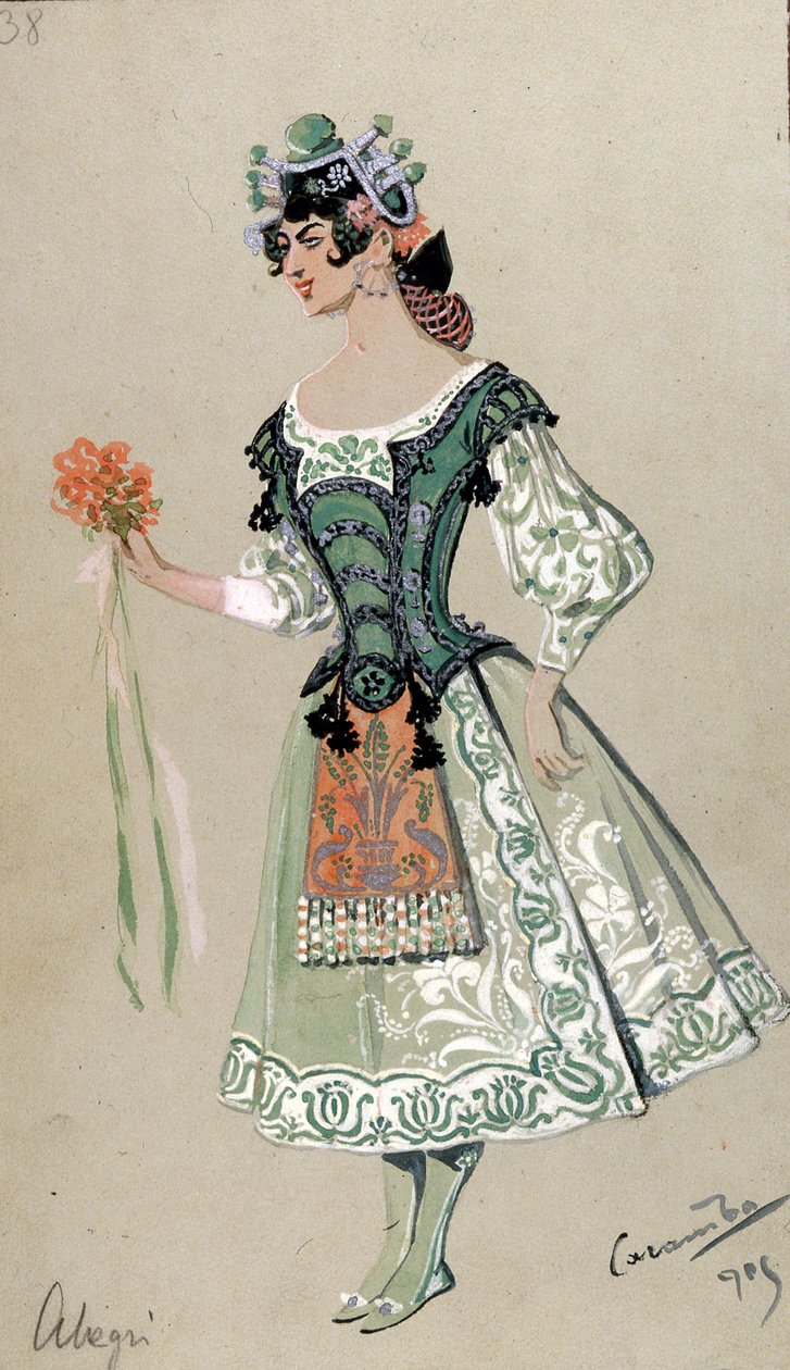 Diseño de vestuario para Barbarina, de "Las bodas de Fígaro" de Wolfgang Amadeus Mozart, 1905 de Luigi Sapelli Caramba