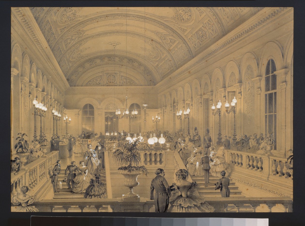 La escalera del Teatro Imperial Bolchoi Kammeny en San Petersburgo. Obra de Luigi Premazzi (1814-1891), acuarela y blanco sobre papel, alrededor de 1850. Arte italiano de Luigi Premazzi