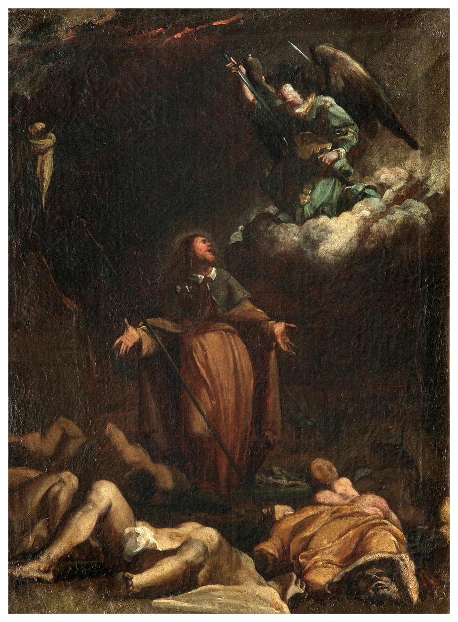 Transepto Norte, Altar de San Roque 1635, 45, Genovesino 1645, San Roque obtiene el cese de la peste, Pintado en la parte inferior izquierda de Luigi Miradori