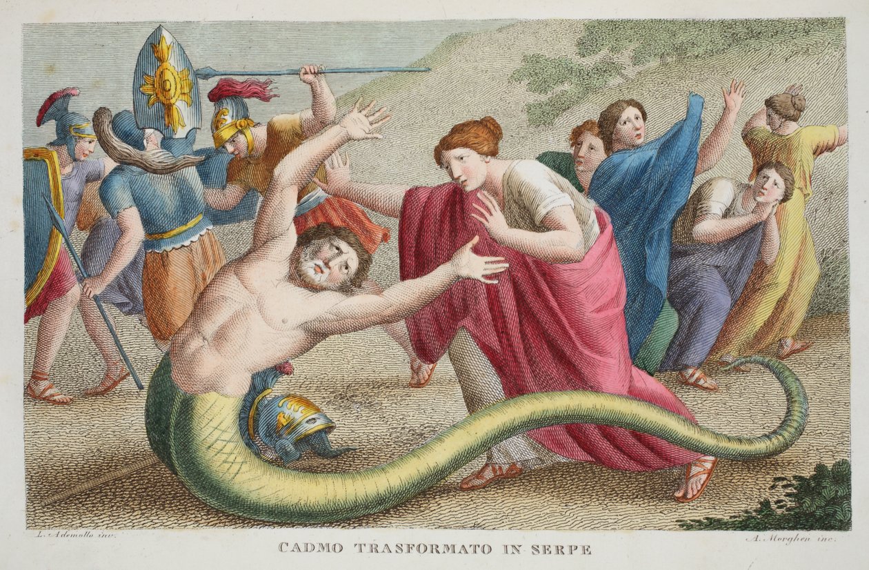 Cadmo transformado en serpiente, Libro IV, ilustración de las Metamorfosis de Ovidio, Florencia, 1832 de Luigi Ademollo