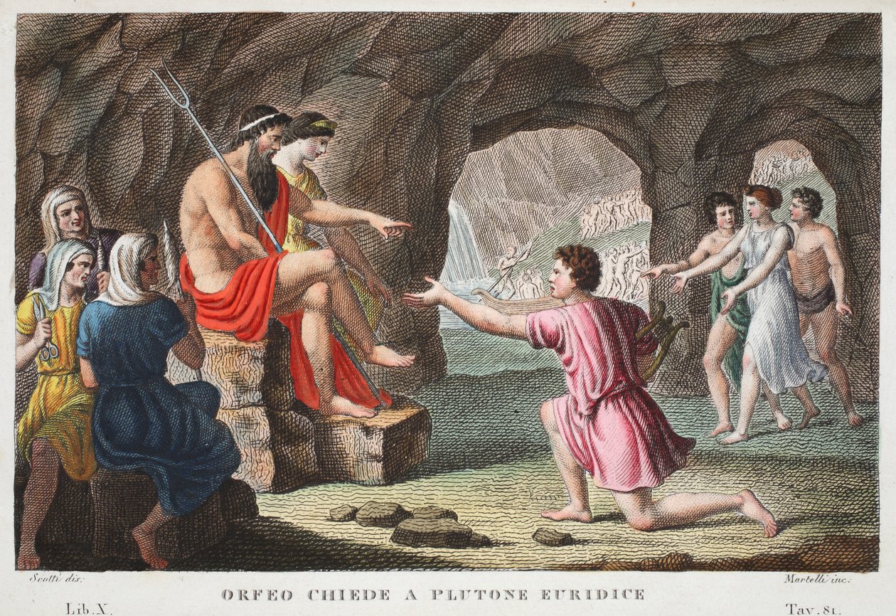 Orfeo en el infierno o Orfeo pide a Plutón a Eurídice, Libro X, ilustración de las Metamorfosis de Ovidio, Florencia, 1832 de Luigi Ademollo