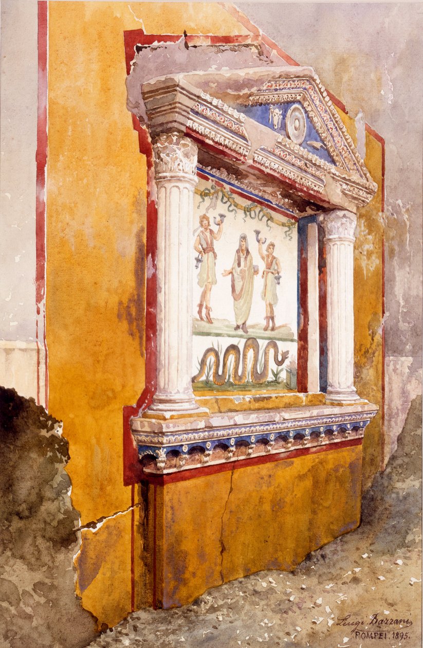 Lararium del altar familiar, visto in situ después de la excavación, Casa de Aulus Vettius, Pompeya, c.36-39 AD, 1895 de Luigi Bazzani