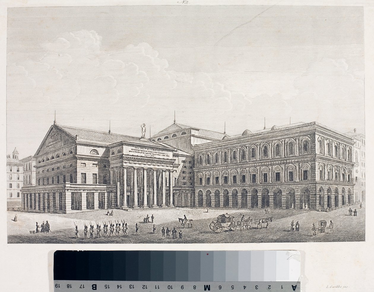 Vista del Teatro Carlo Felice y el Palacio de la Academia en Génova de Luigi Garibbo