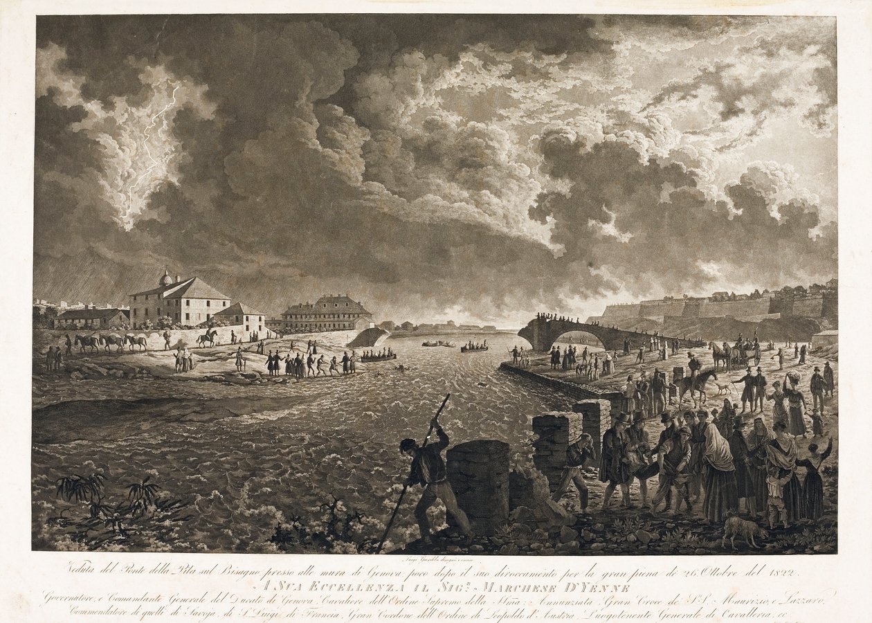 Vista del puente Pila en Génova, después de la inundación del torrente Bisagno el 26/10/1822 (Aguafuerte, c.1822) de Luigi Garibbo