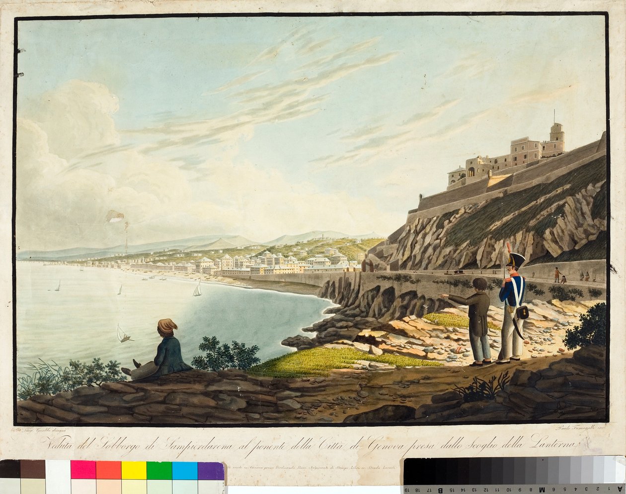 Vista del distrito de Sampierdarena al oeste de Génova, desde el faro (Aguafuerte, c.1813-1814) de Luigi Garibbo