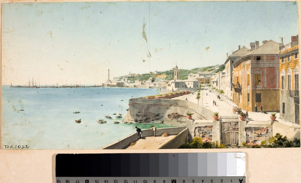Vista del puerto de Génova con la Lanterna, el faro de la ciudad, bastiones y la iglesia San Teodoro de Luigi Garibbo