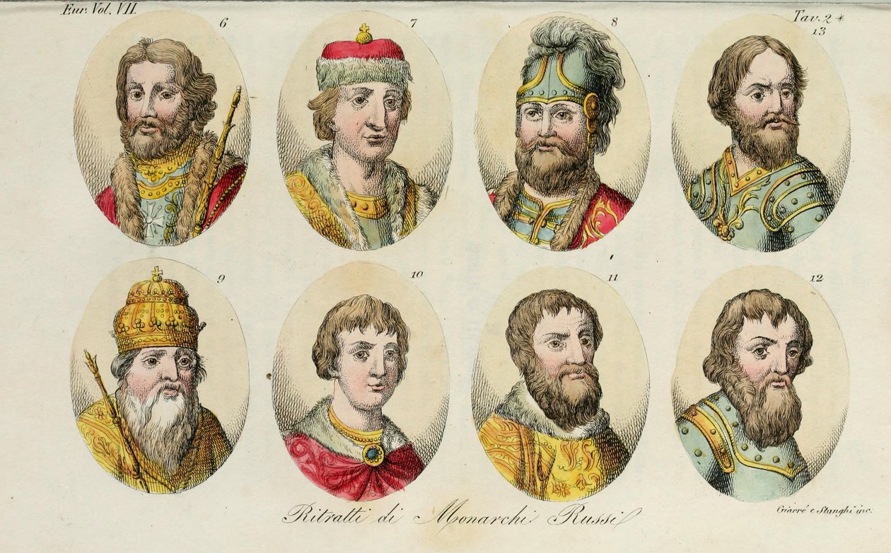 6. Yaroslav 7. Sviatoslav II 8. Sviatopolk 9. Vladimir Monomakh 10. Yuri I 11. Iván II 12. Dmitry Donskoy 13. Iván III, 1831 de Luigi Giarrè