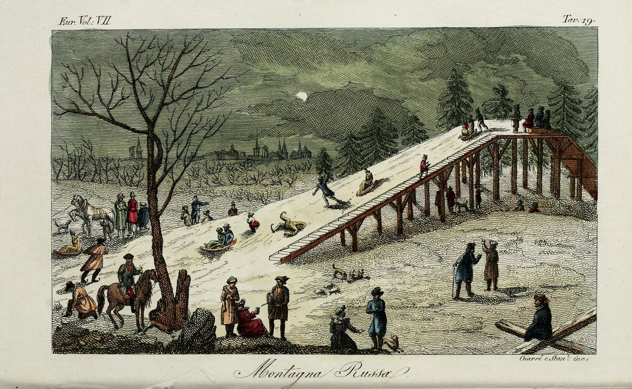 Una montaña rusa. Ilustración de Il costume antico e moderno o storia del governo por Giulio Ferrario, 1831 de Luigi Giarrè