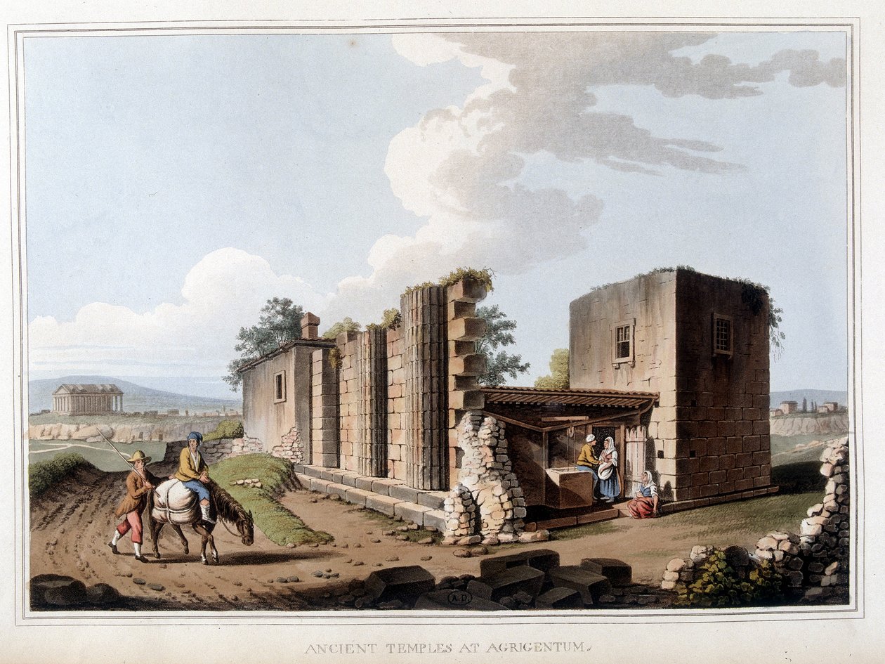 Templo antiguo en Agrigento en Italia. En “Vistas en los dominios otomanos, en Europa, en Asia, y algunas de las islas del Mediterráneo” de los dibujos originales tomados por Luigi Mayer, Londres de Luigi Mayer