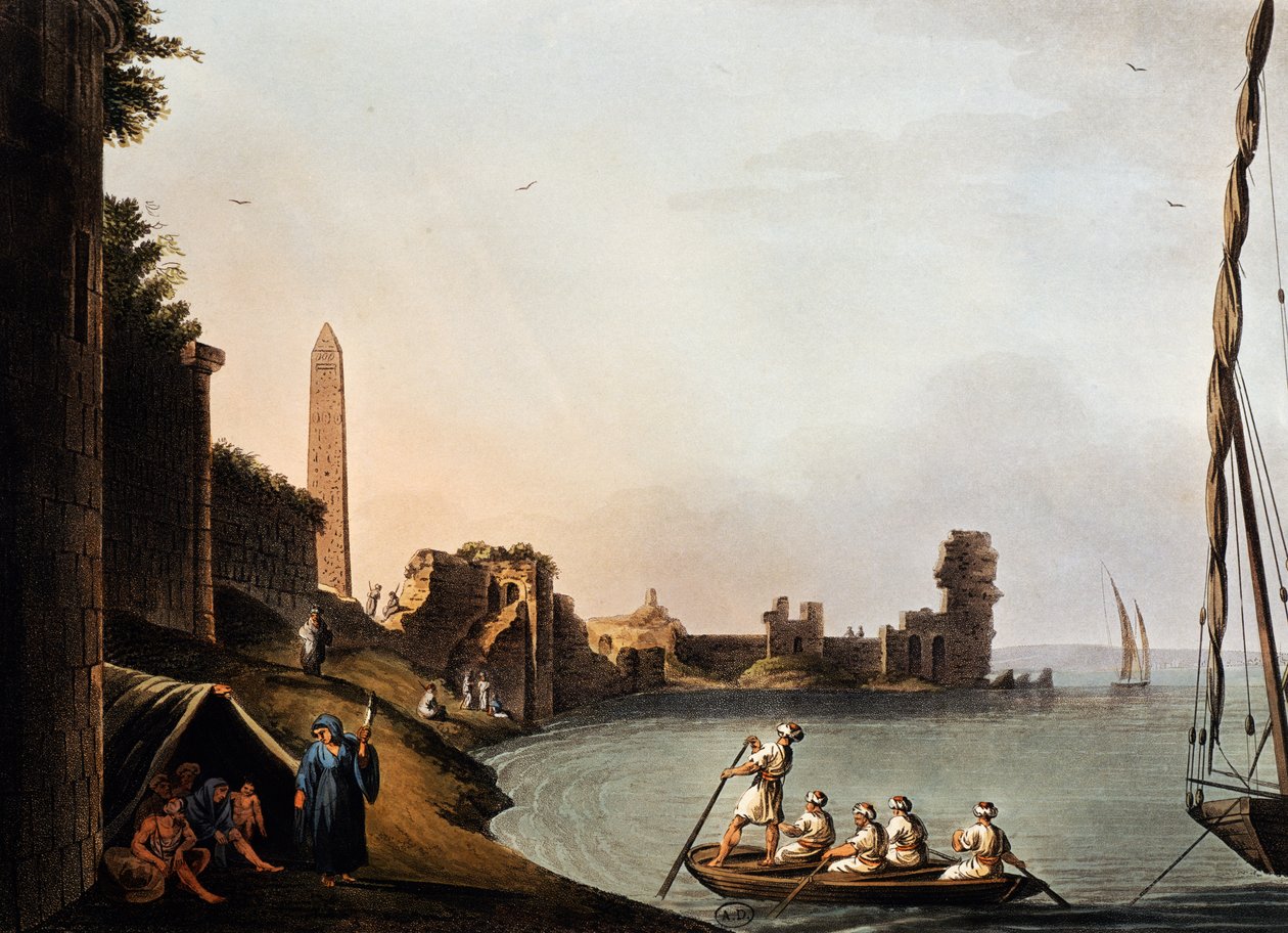 Muros antiguos y obelisco de Cleopatra, Luigi Mayer, grabado de Vedute de Luigi Mayer