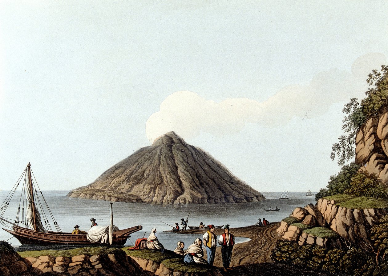 Isla de Stromboli - en “Vistas en los Dominios Otomanos, en Europa, en Asia, y algunas de las islas del Mediterráneo”, por Luigi Mayer, Londres de Luigi Mayer