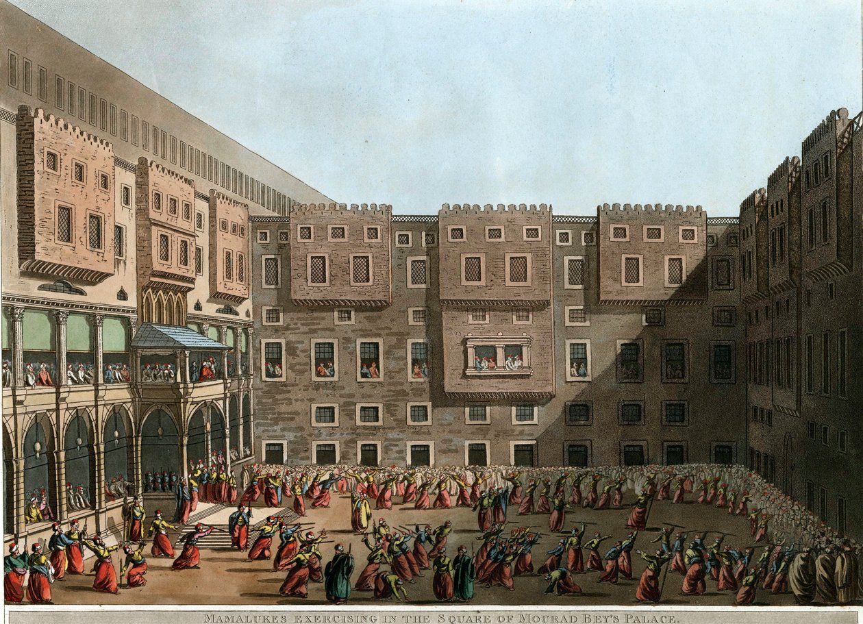 Mamelucos entrenando en el patio del palacio de Murad Bey, Túnez de Luigi Mayer