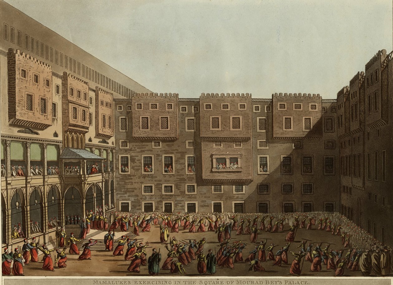Mamelucos ejercitándose en la plaza del Palacio de Murad Bey, 1802 de Luigi Mayer
