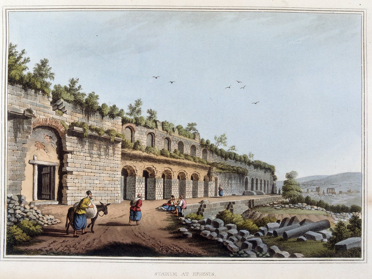 Estadio en ruinas en Éfeso, antigua ciudad de Grecia, hoy en Turquía. en “Vistas en los Dominios Otomanos, en Europa, en Asia, y algunas de las islas del Mediterráneo de los dibujos originales tomados por Luigi Mayer, Londres de Luigi Mayer