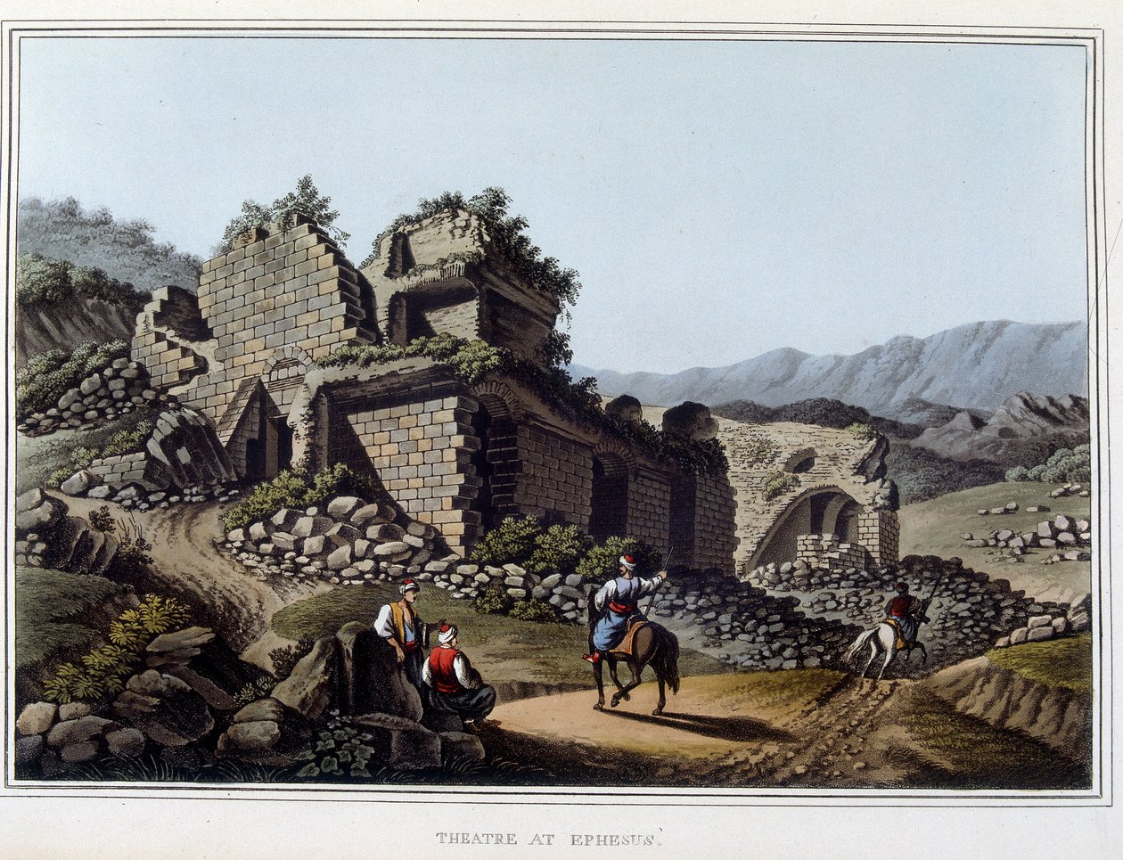 Teatro en ruinas en Éfeso, antigua ciudad de Grecia, hoy en Turquía. En "Views in the Ottoman Dominions, in Europe, in Asia, and some of the Mediterranean islands" de los dibujos originales de Luigi Mayer, Londres de Luigi Mayer