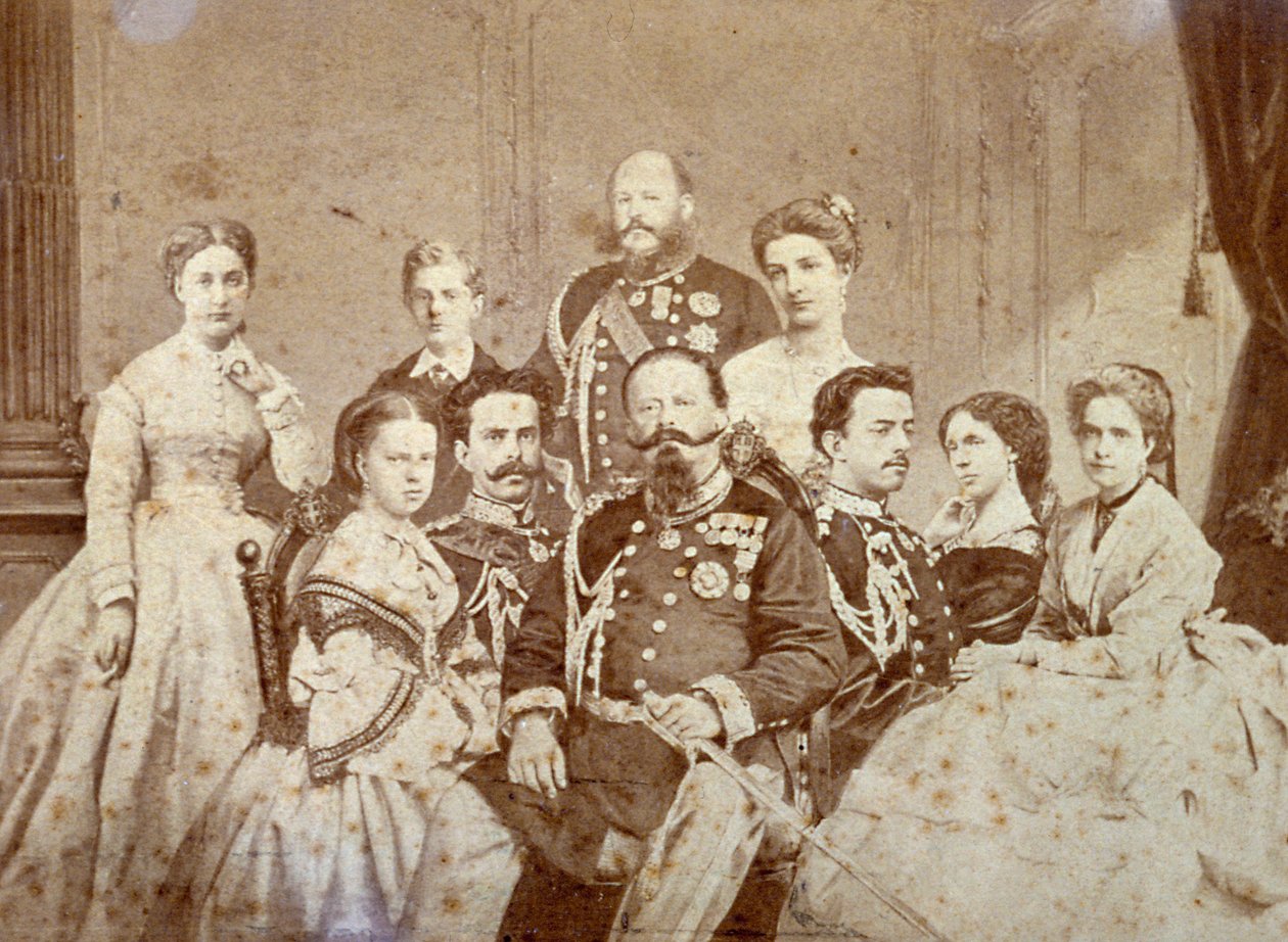 El cuadro retrata a varios miembros de la familia real de Saboya. En el centro, sentados, Víctor Manuel II, Umberto I y Amedeo en traje de gala; las hijas del soberano y Elisabetta de Sajonia con elegantes ropajes. Al fondo, hacia el de Luigi Montabone