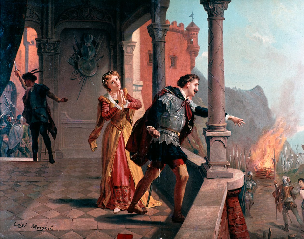 Ilustración para el aria de Manrico, Di quella pira Acto III, en Il trovatore, ópera de Giuseppe Verdi de Luigi Morgari