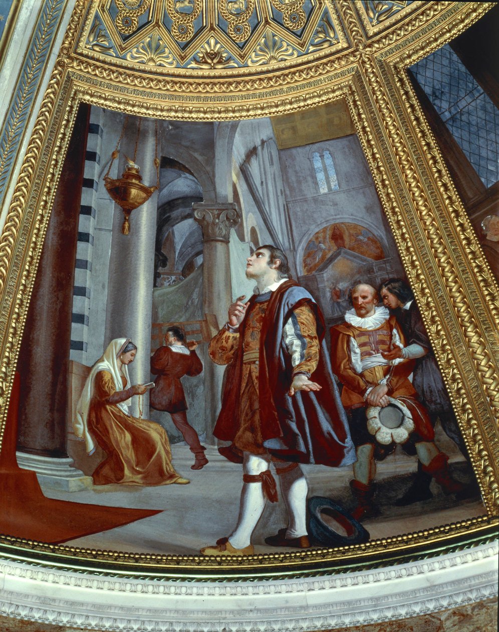 Galileo Galilei observando la oscilación de la lámpara colgante (fresco) de Luigi Sabatelli