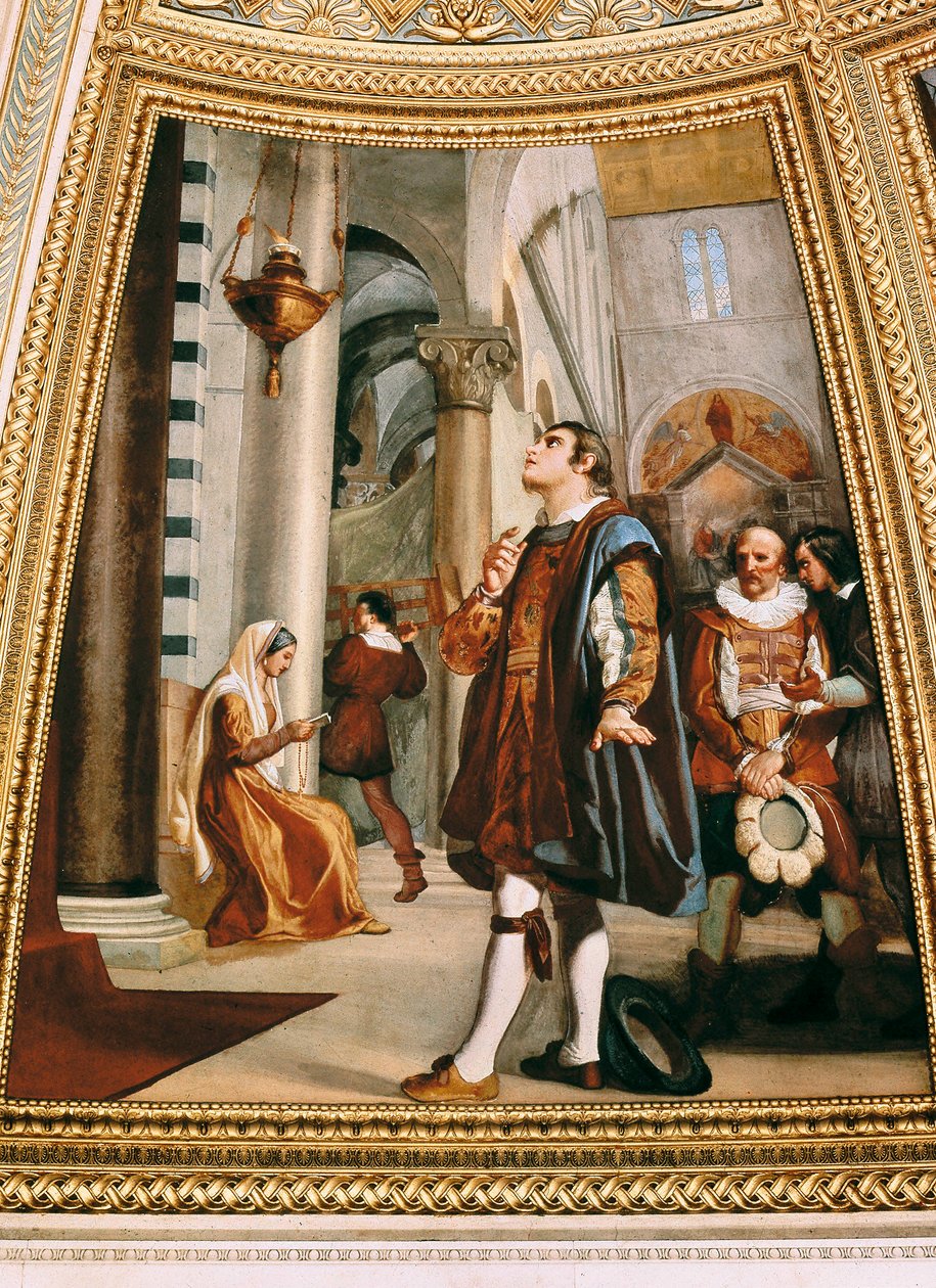 Galileo Galilei observando la lámpara oscilando en la Catedral de Pisa 1582 de Luigi Sabatelli