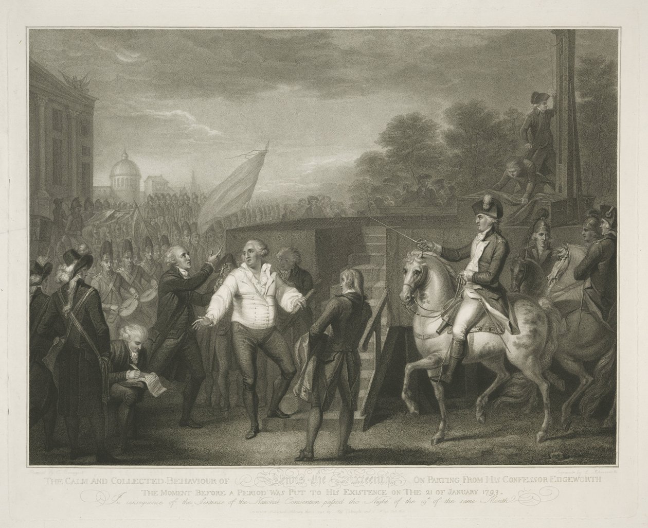Lodewijk XVI bij het schavot El comportamiento tranquilo y sereno de Lewis XVI al separarse de su confesor Edgeworth / el momento antes de que se pusiera fin a su existencia el 21 de enero de 1793 (título sobre objeto) de Luigi Schiavonetti