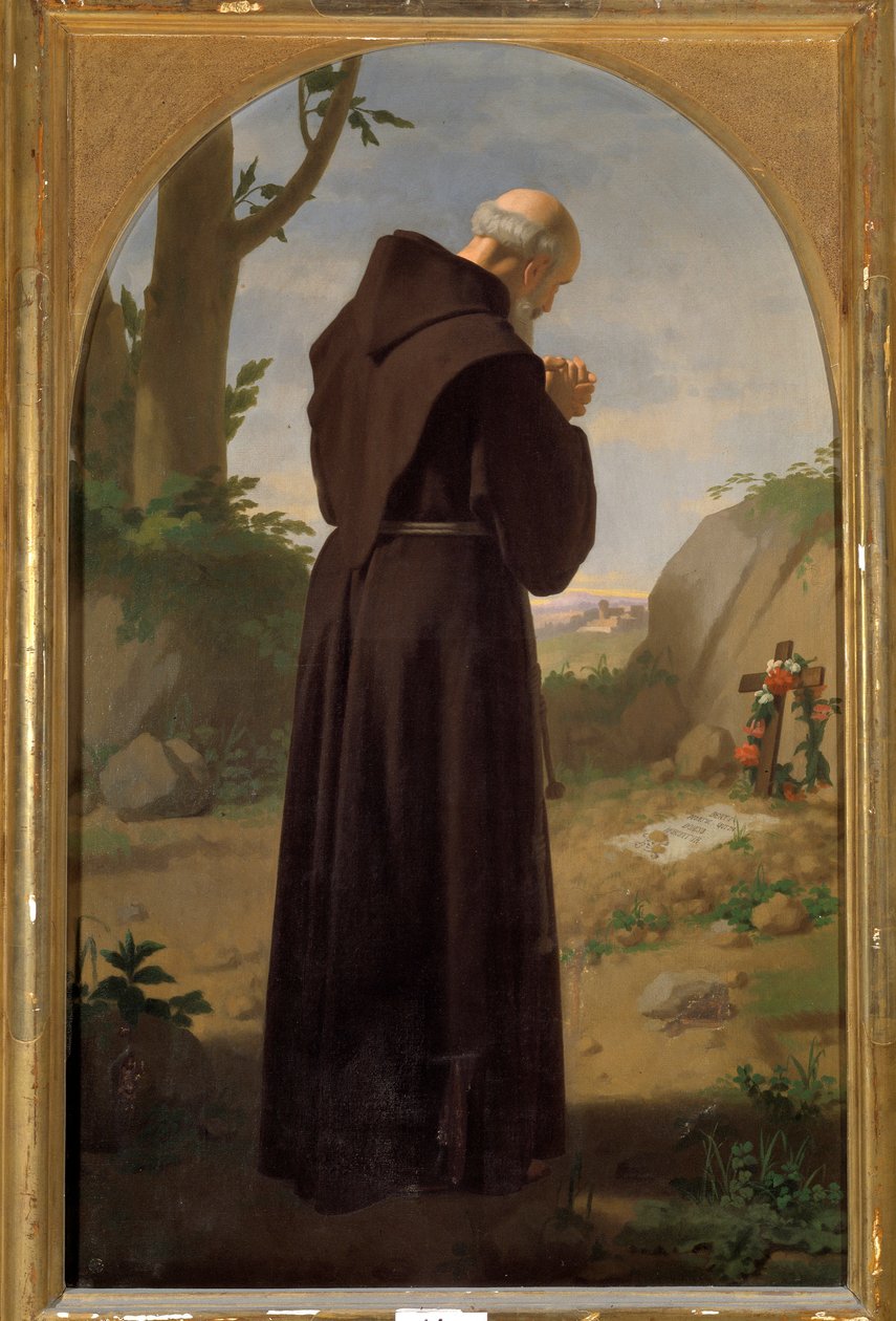 Monje rezando delante de una tumba (óleo sobre lienzo de Luigi Sciallero