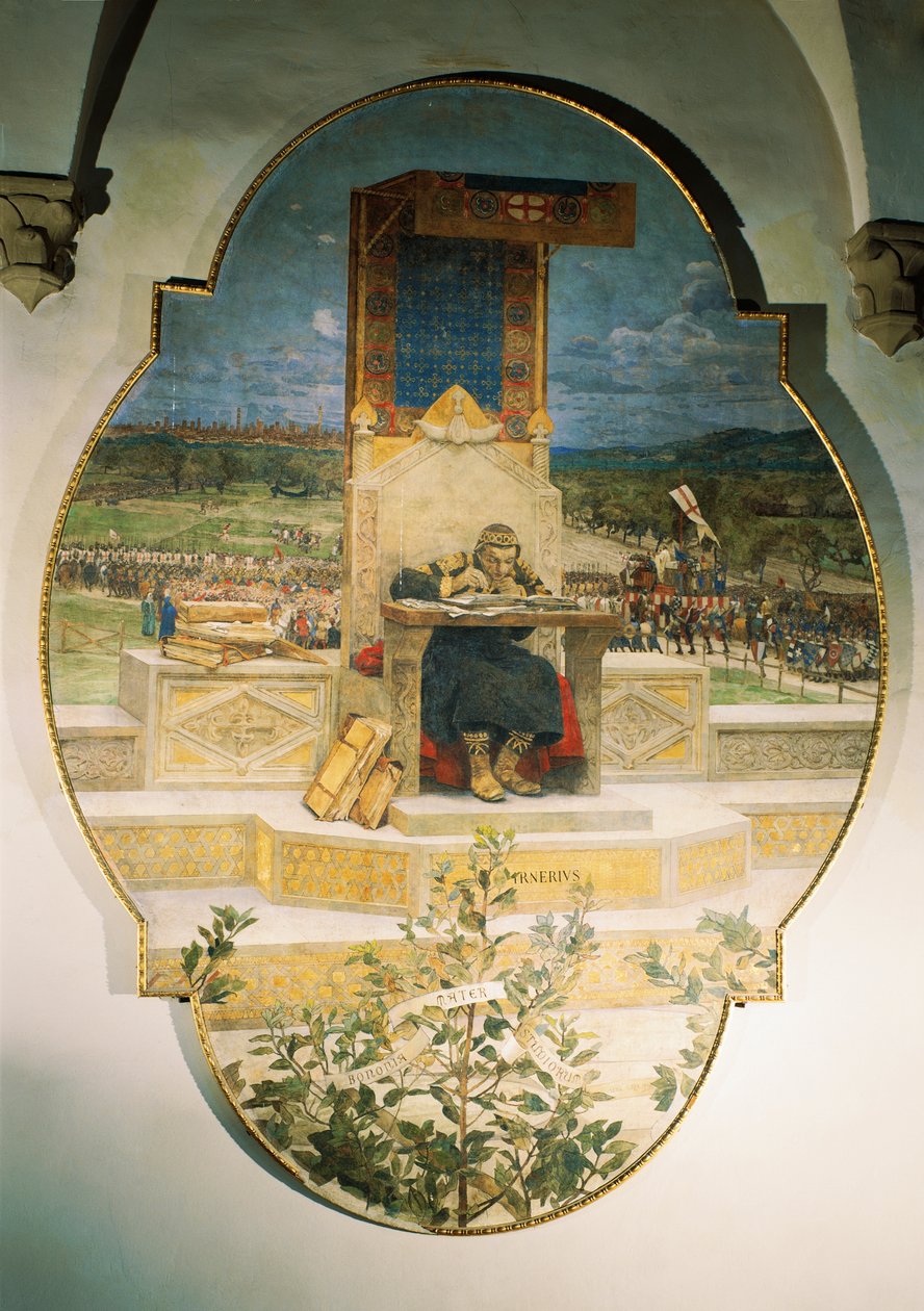 Irnerio anotando leyes antiguas, por Luigi Serra (1846-1888), fresco desprendido, 486x355 cm de Luigi Serra