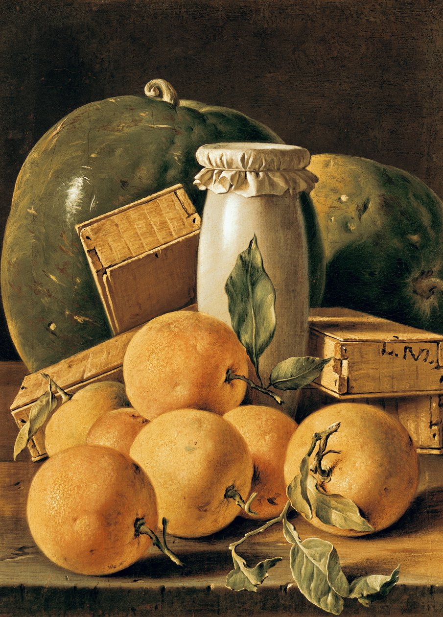 Naturaleza Muerta de Naranjas, Sandía, una Olla y Cajas de Pastel de Luis Egidio Melendez
