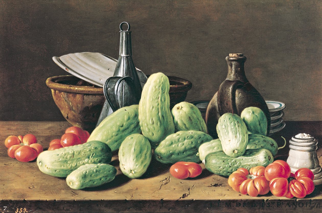 Naturaleza muerta con pepinos y tomates de Luis Egidio Melendez