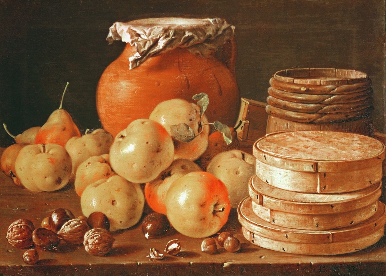 Naturaleza muerta con manzanas, nueces, peras y cajas de dulces de Luis Egidio Melendez