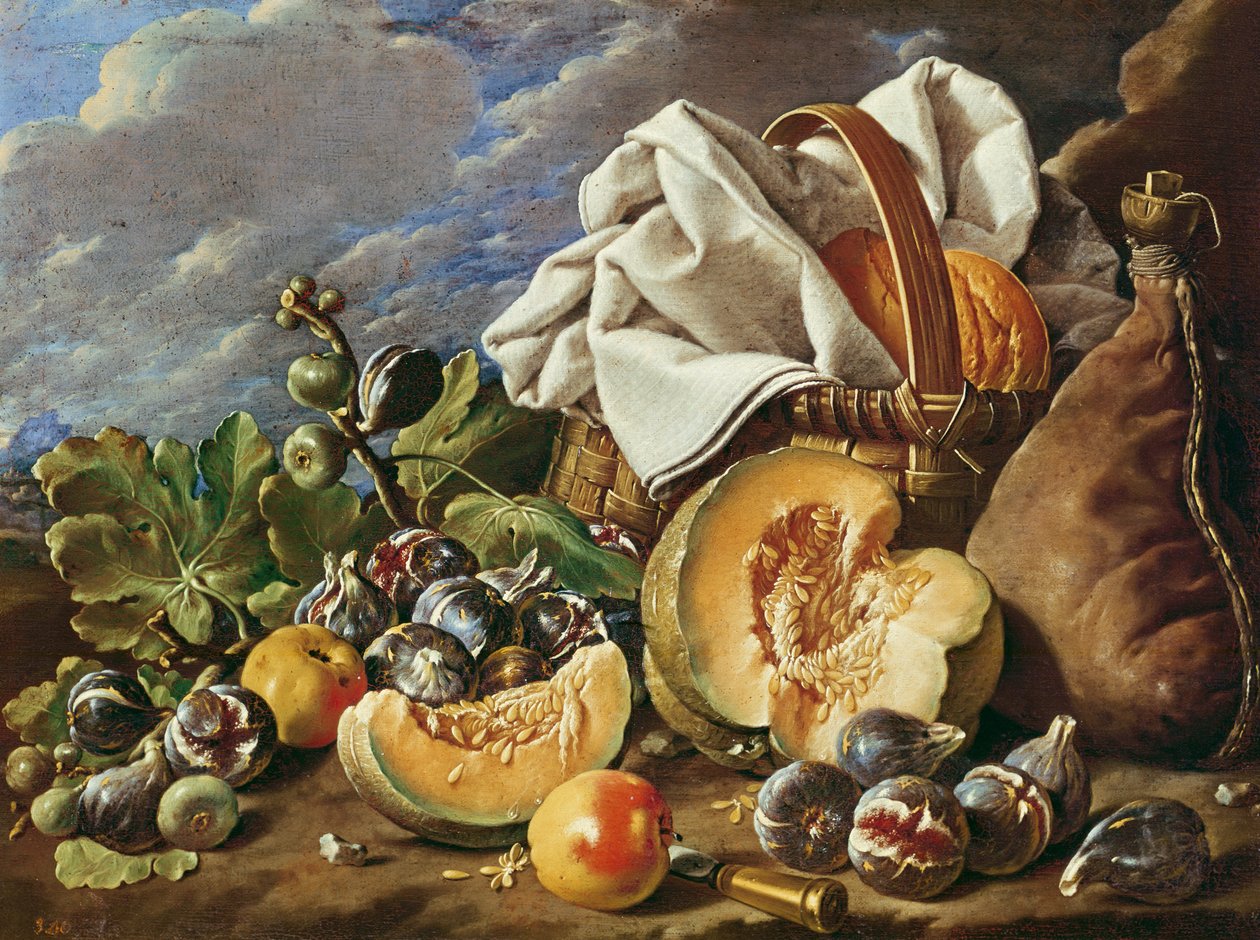 Naturaleza muerta con higos, cesta de mimbre, calabaza, pan, pellejo de vino y cuchillo de Luis Egidio Melendez