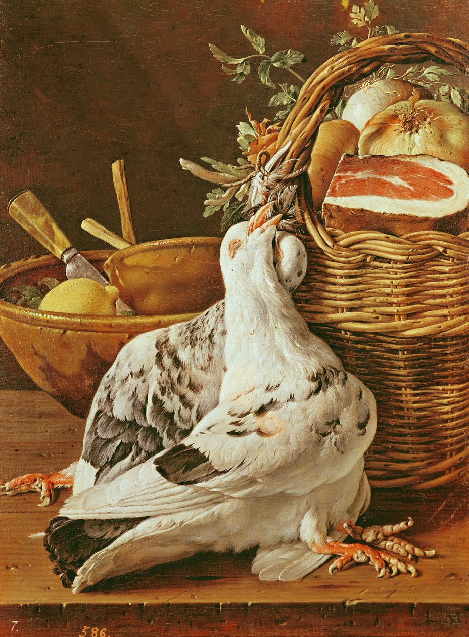 Naturaleza Muerta con Palomas, Cesta de Mimbre, Jamón, Cebollas y un Limón de Luis Egidio Melendez