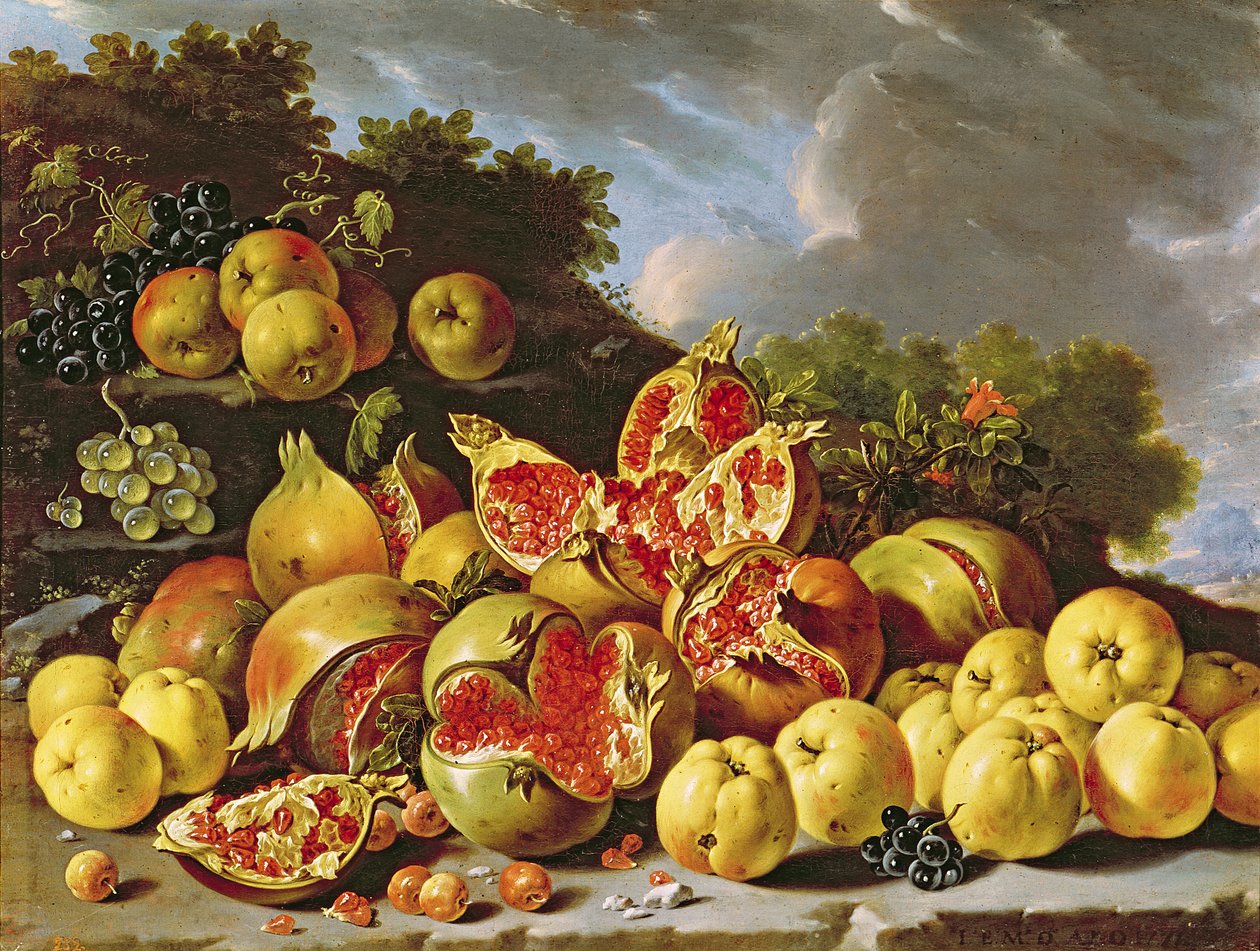 Bodegón con granadas, manzanas, cerezas y uvas de Luis Egidio Melendez