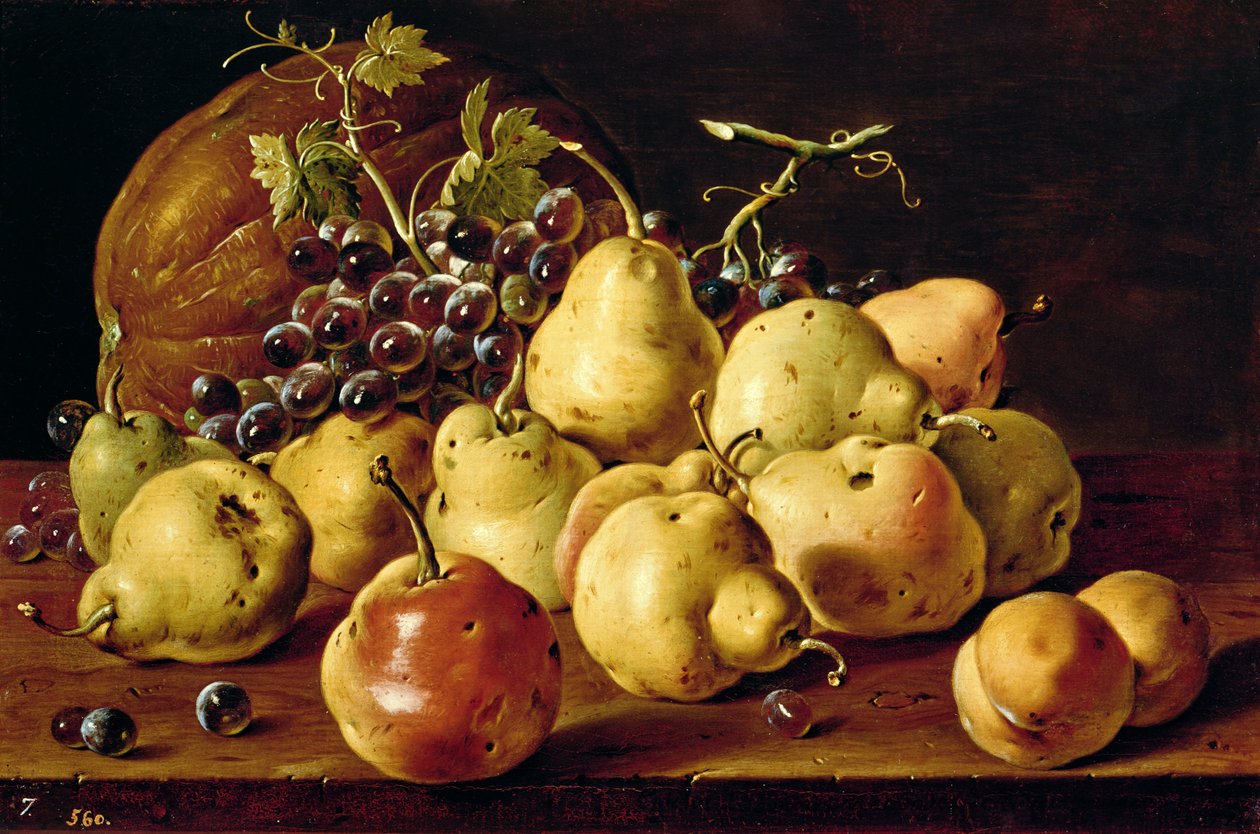 Naturaleza muerta con membrillos, duraznos, uvas y calabaza de Luis Egidio Melendez