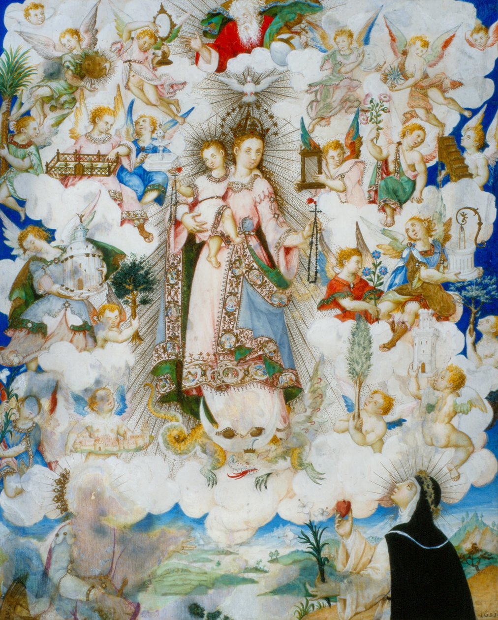 La Virgen del Rosario con Santa Catalina de Alejandría y Santa Catalina de Siena de Luis Lagarto