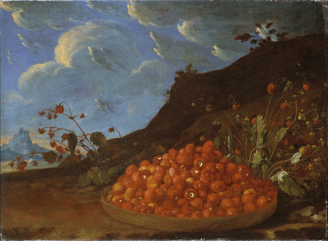 Cesta de fresas silvestres en un paisaje, c.1770 de Luis Menendez or Melendez