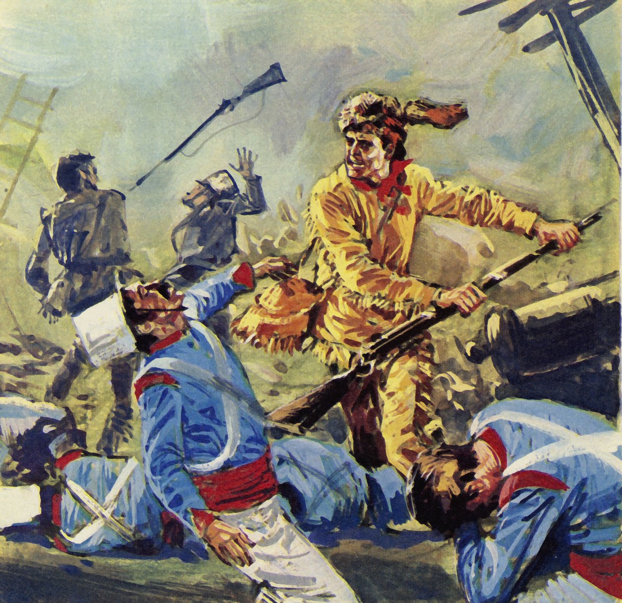 Davy Crockett acabó cayendo ante los incesantes ataques mexicanos (litografía en color) de Luis Arcas Brauner