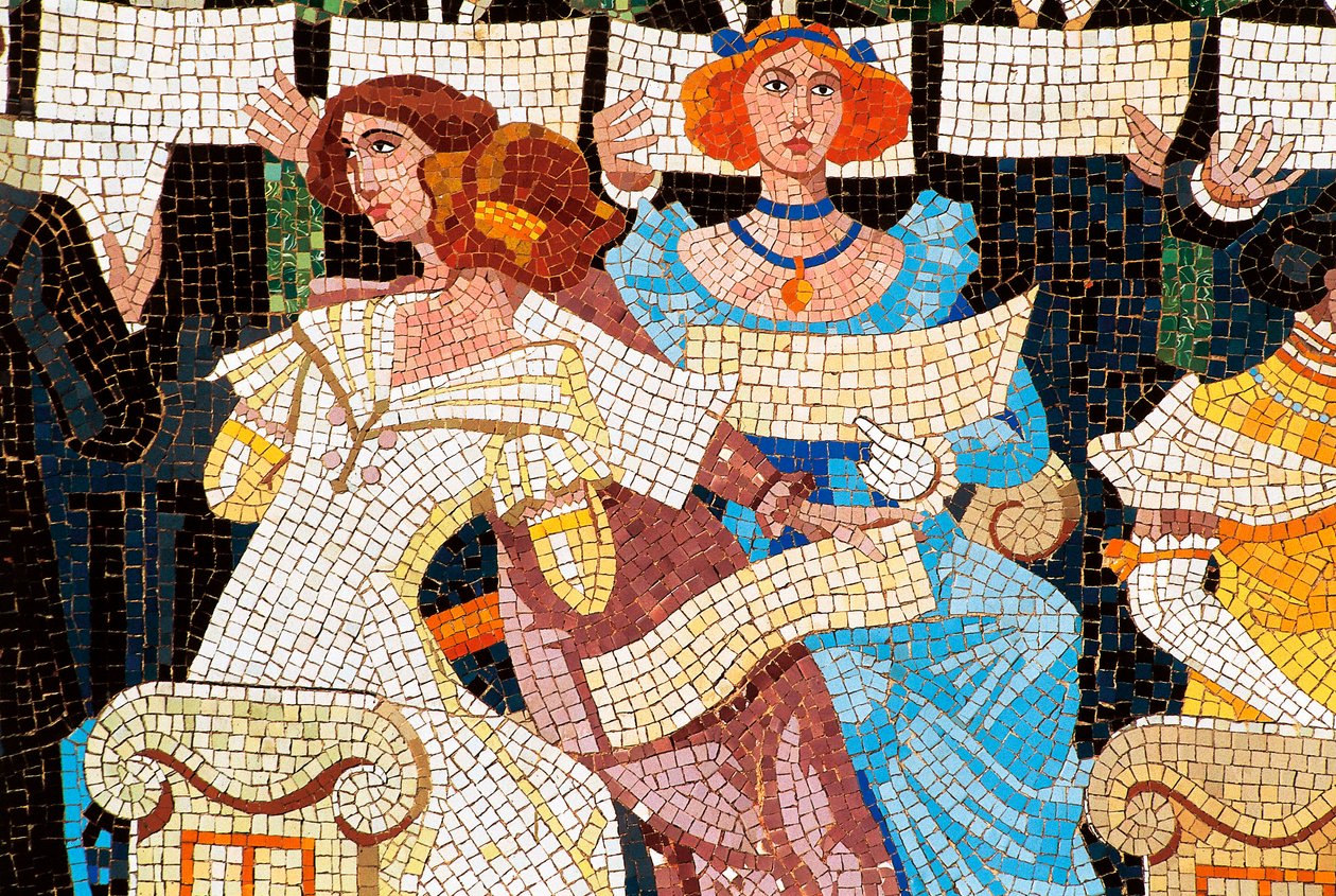 Arquitectura Art Nouveau: Palacio de la Música Catalana, Barcelona. Mosaico que decora la fachada: mujer cantando en la coral catalana (Orfeo Catala), detalle desde la izquierda. de Luis Domenech i Montaner (1850-1923) y Lluis Bru I Salelles (1868-1952) ,1 de Luis & Bru i Salelles Luis (1868 1952) Domenech i Montaner