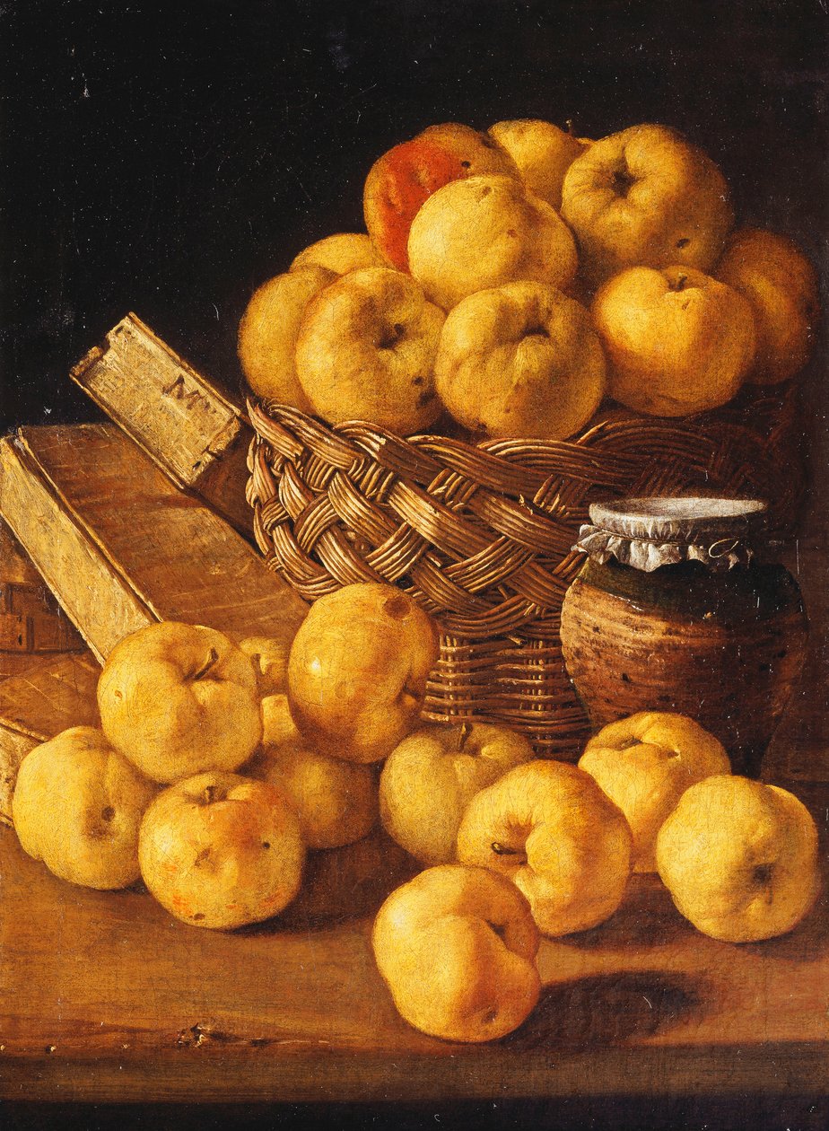 Manzanas en una canasta, un tarro y cajas de condimentos sobre una mesa de Luis Egidio Melendez