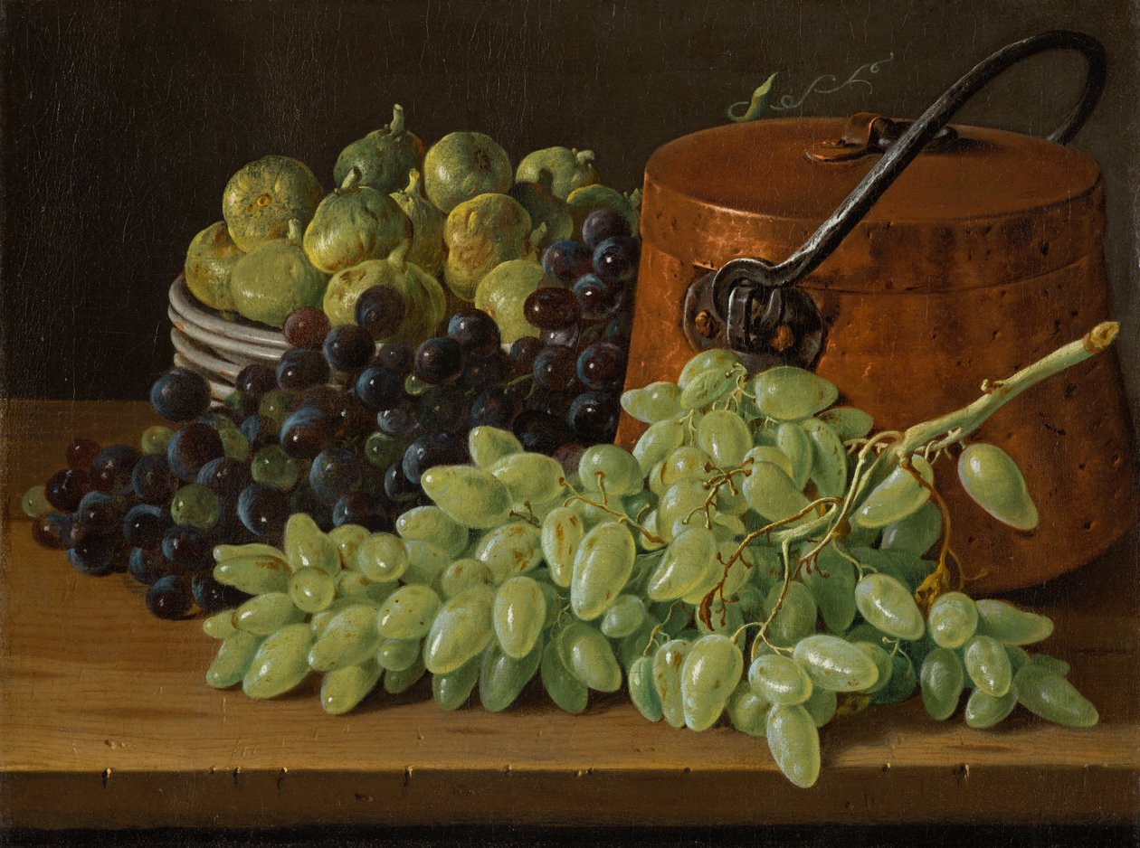 Naturaleza muerta con uvas, higos y una tetera de cobre, c.1770 de Luis Egidio Melendez