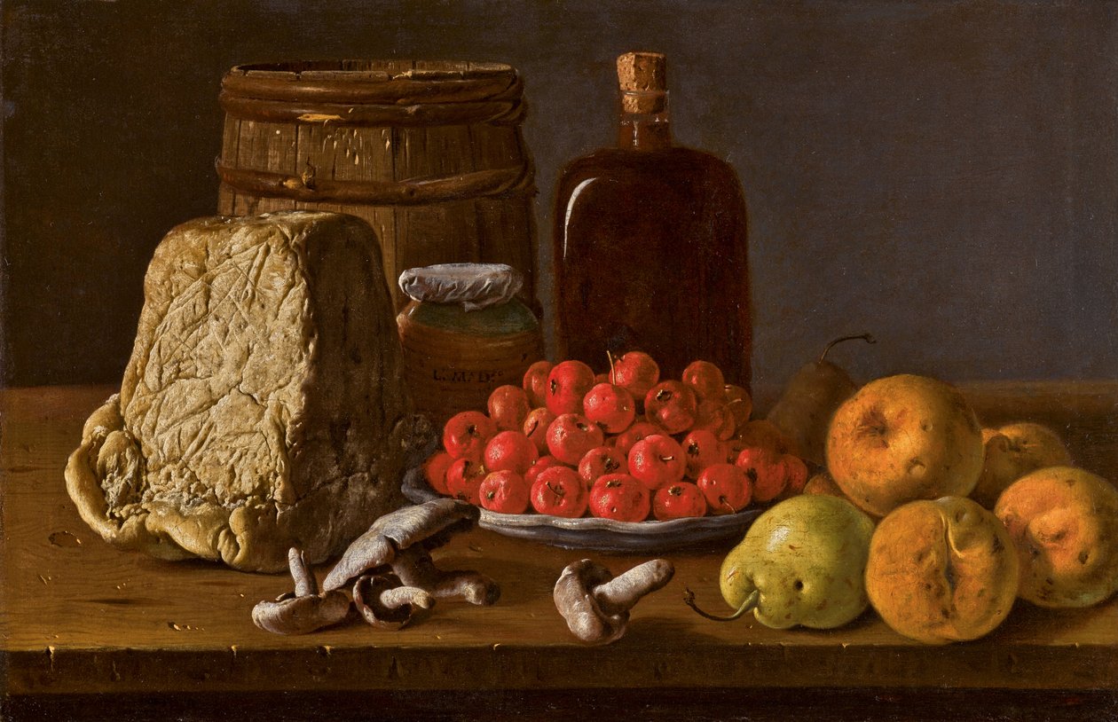 Bodegón con un plato de acerolas, frutas, setas, queso y recipientes de Luis Egidio Melendez