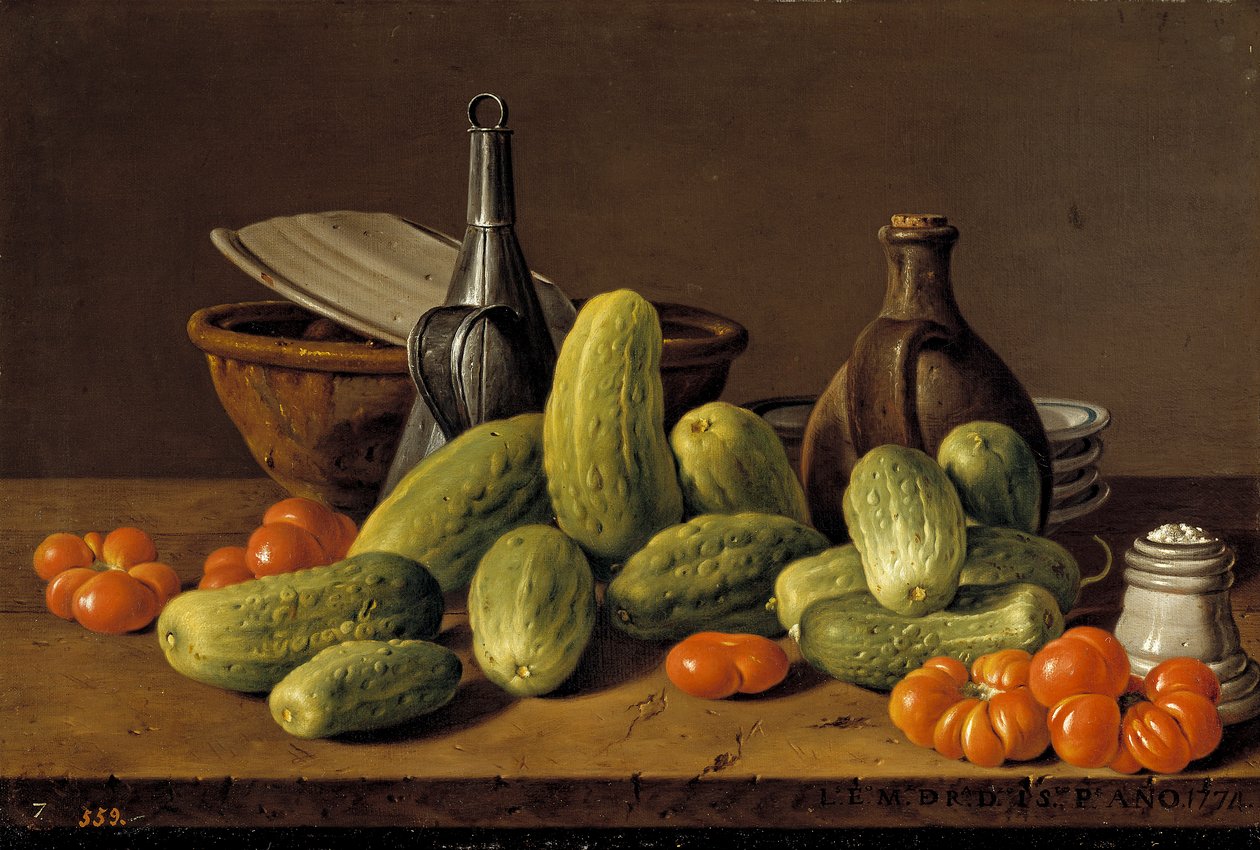 Español: Bodegón con pepinos, tomates y recipientes Bodegón con pepinos, tomates y recipientes de Luis Egidio Melendez